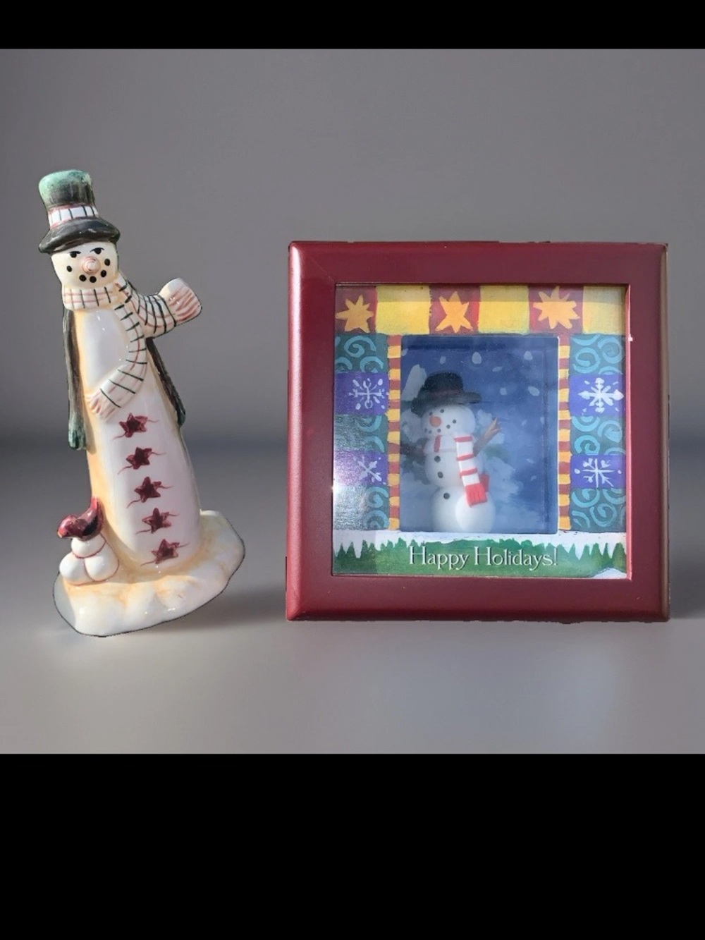 Hallmark Shadowbox Sentiments "Happy Holidays" Snowman & ceramic figurine lot 2